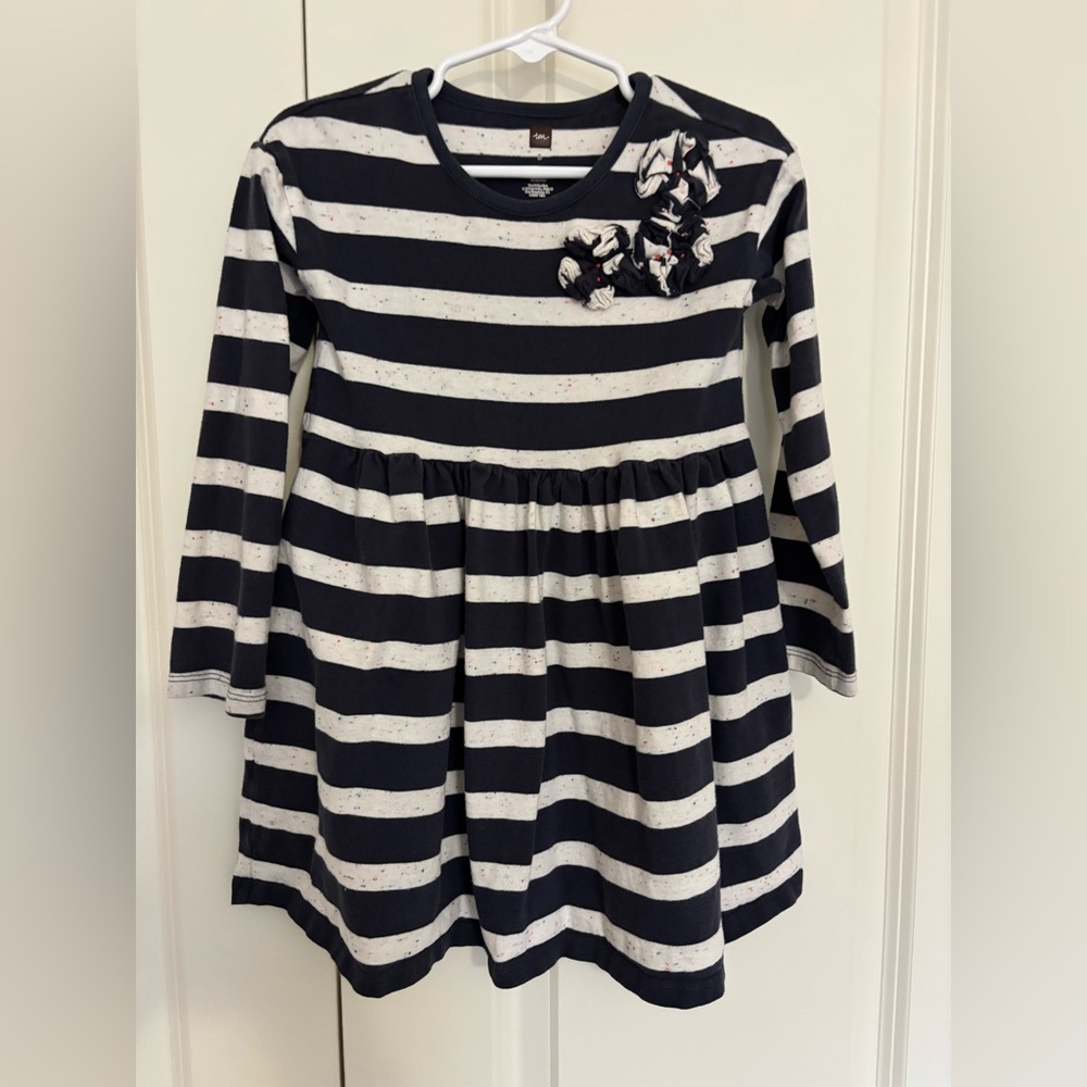 Girls Tea Collection Saorsa Applique Long Sleeve Striped Dress navy sz 5.Cotton